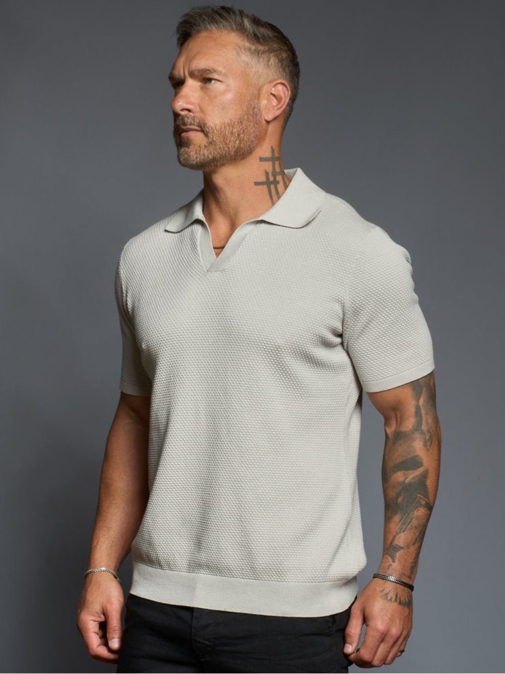 Weston Jon Boucher Avalon Slim Knit Polo, Bone Gray XL Golf Quiet Luxury Elegant